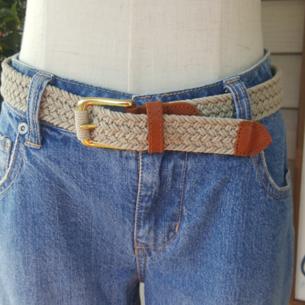 VINTAGE ♡ Super-Sweet Beige Nylon Braided Medium Brown Leather Trim Belt S/M